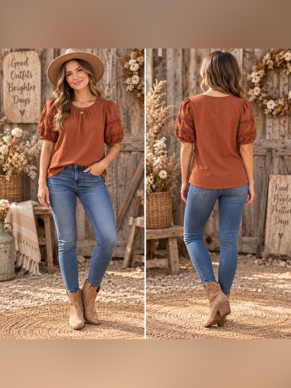 LOFT Rust Crochet-Sleeve Blouse with Blue Skinny Jeans